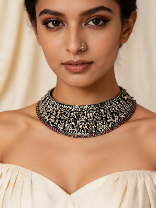 Krishna Lila Engraved Oxidised Sterling Silver Choker
