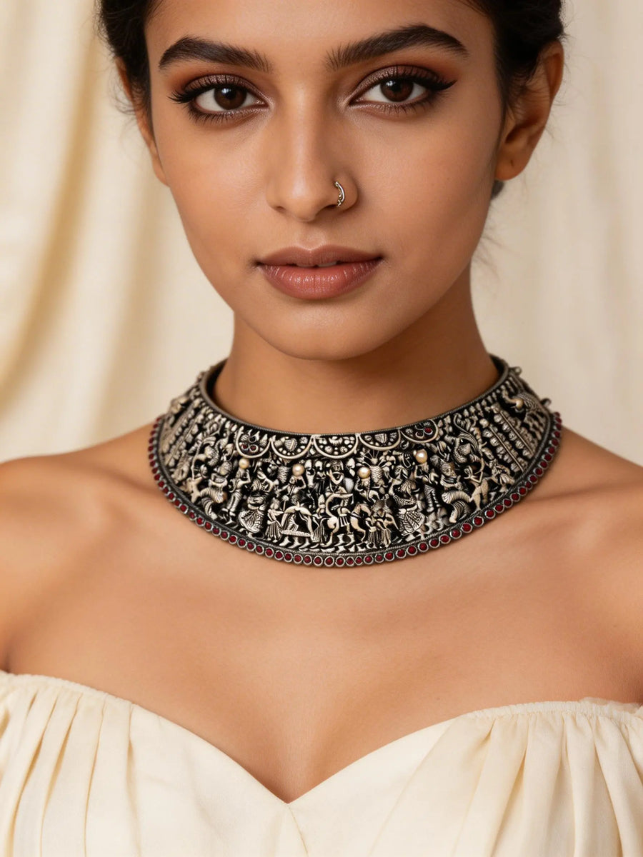 Krishna Lila Engraved Oxidised Sterling Silver Choker