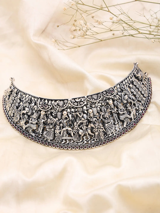 Krishna Lila Engraved Oxidised Sterling Silver Choker
