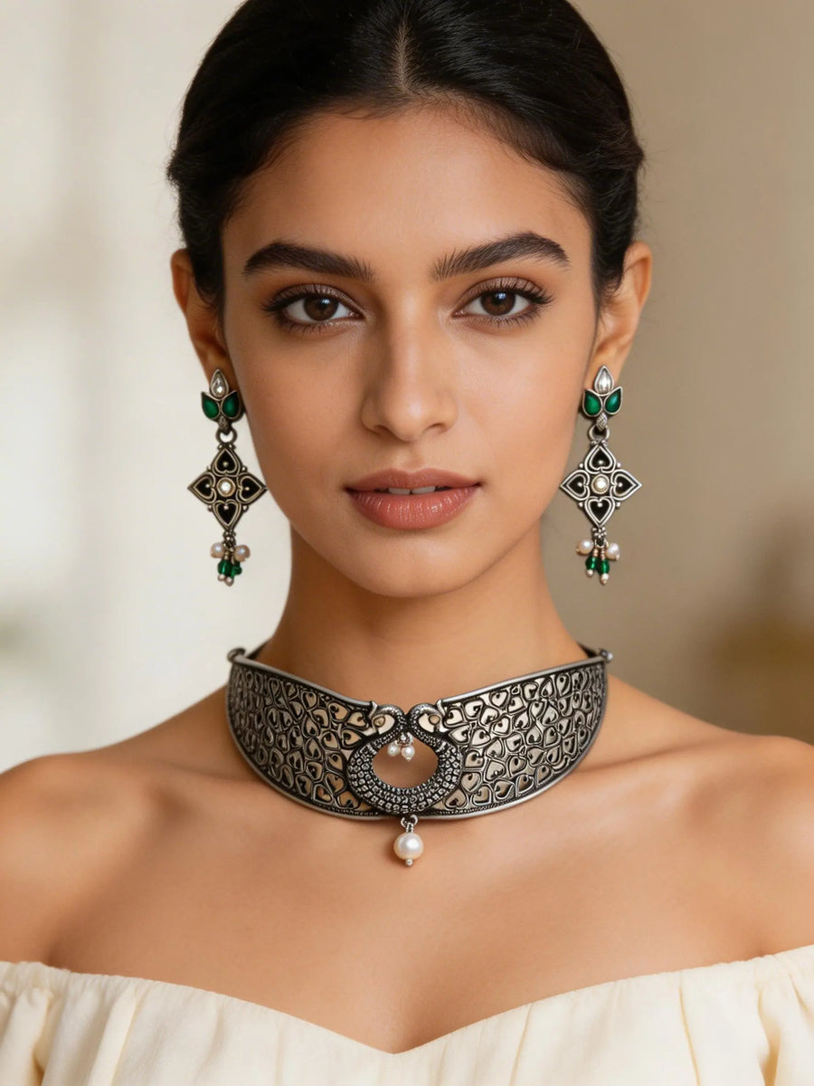 Heart Jaali Oxidised Sterling Silver Choker Set with Earrings
