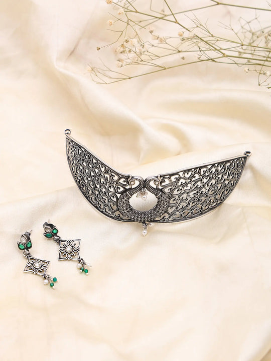 Heart Jaali Oxidised Sterling Silver Choker Set with Earrings