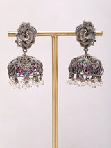 Krishna and Peacock Sterling Silver Jhumka Earrings with Pearls