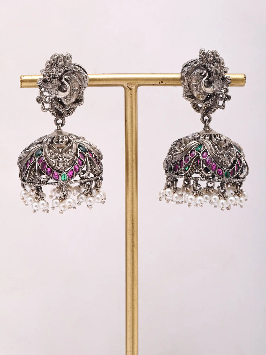 Krishna and Peacock Sterling Silver Jhumka Earrings with Pearls