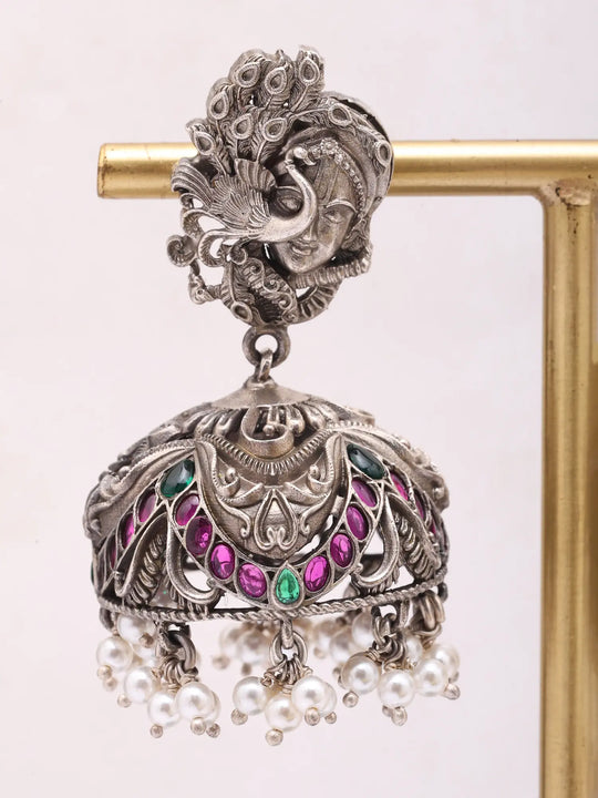 Krishna and Peacock Sterling Silver Jhumka Earrings with Pearls