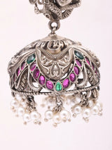 Krishna and Peacock Sterling Silver Jhumka Earrings with Pearls