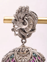 Krishna and Peacock Sterling Silver Jhumka Earrings with Pearls