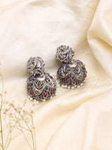 Krishna and Peacock Sterling Silver Jhumka Earrings with Pearls