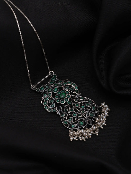 Peacock Oxidised Sterling Silver Pendant with Pearl Drops