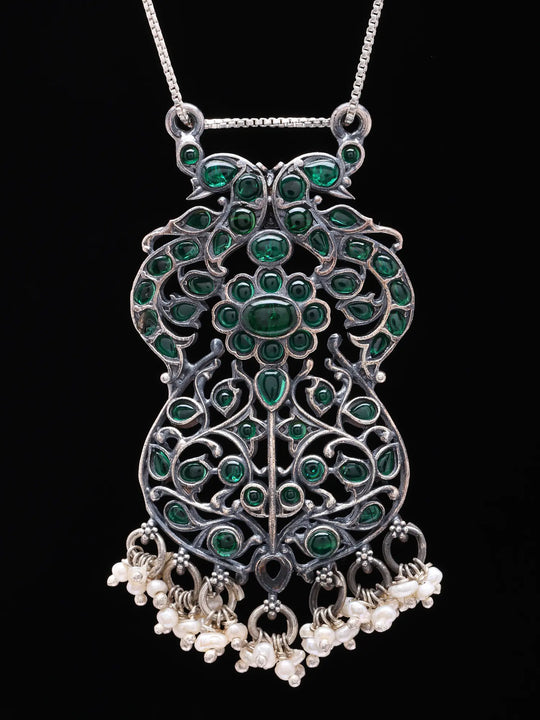 Peacock Oxidised Sterling Silver Pendant with Pearl Drops