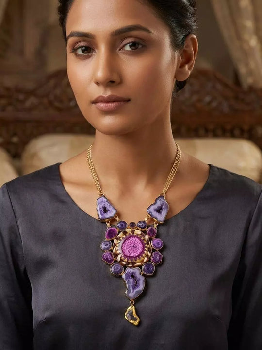 Mandala Druzy Stone Brass Pendant Necklace