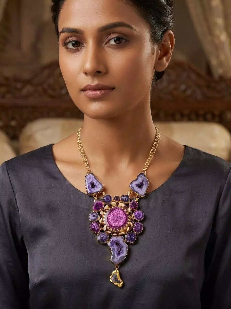 Mandala Druzy Stone Brass Pendant Necklace