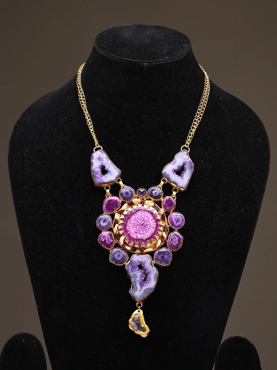 Mandala Druzy Stone Brass Pendant Necklace