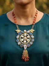 Cabochon Stone Raw Cut Brass Long Pendant Necklace