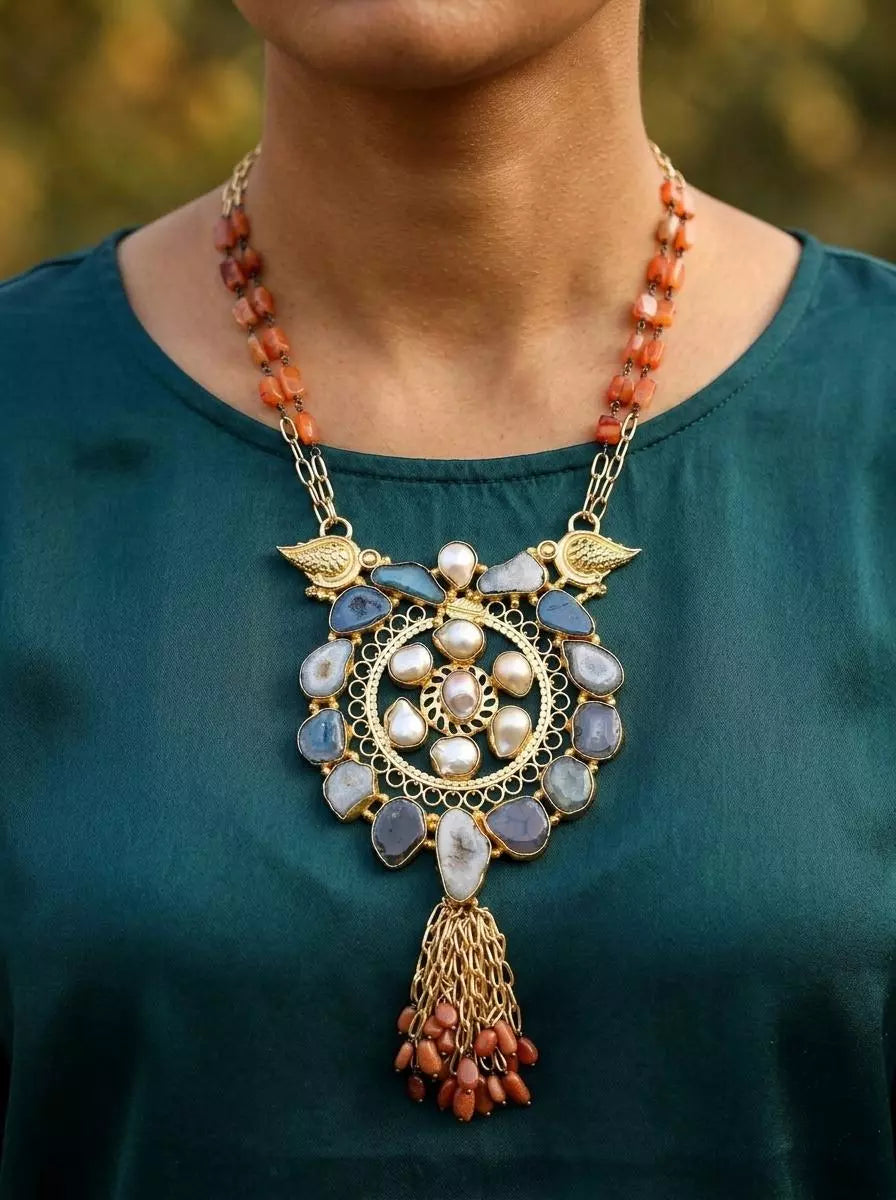 Cabochon Stone Raw Cut Brass Long Pendant Necklace