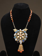 Cabochon Stone Raw Cut Brass Long Pendant Necklace