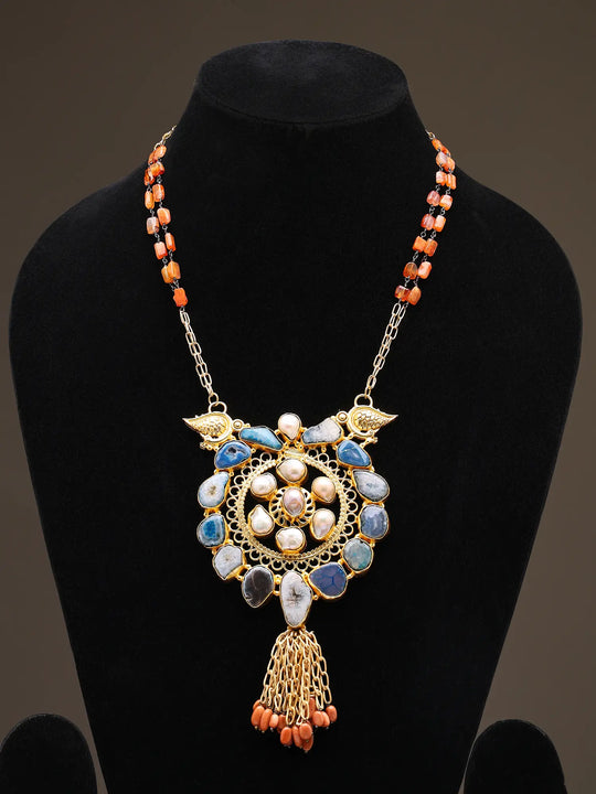 Cabochon Stone Raw Cut Brass Long Pendant Necklace