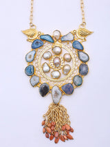 Cabochon Stone Raw Cut Brass Long Pendant Necklace