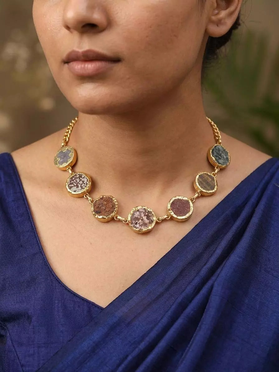Brass Round Raw Stone Statement Necklace