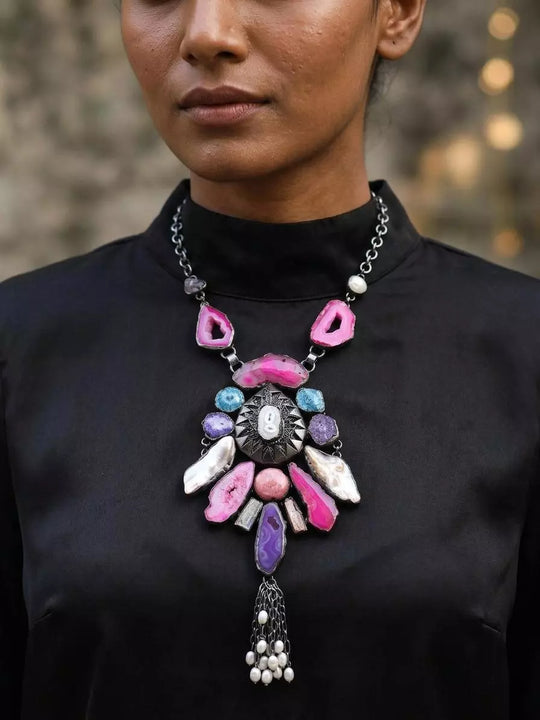 Multistone and Pearl Tassel Raw Cut Pendant Necklace