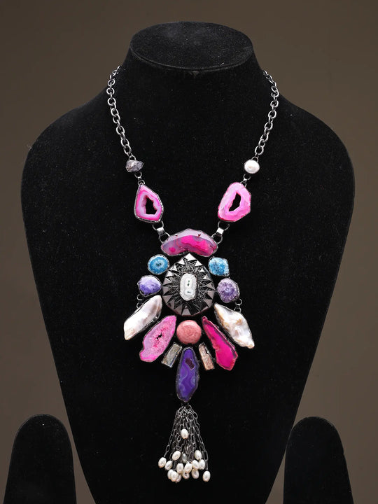 Multistone and Pearl Tassel Raw Cut Pendant Necklace