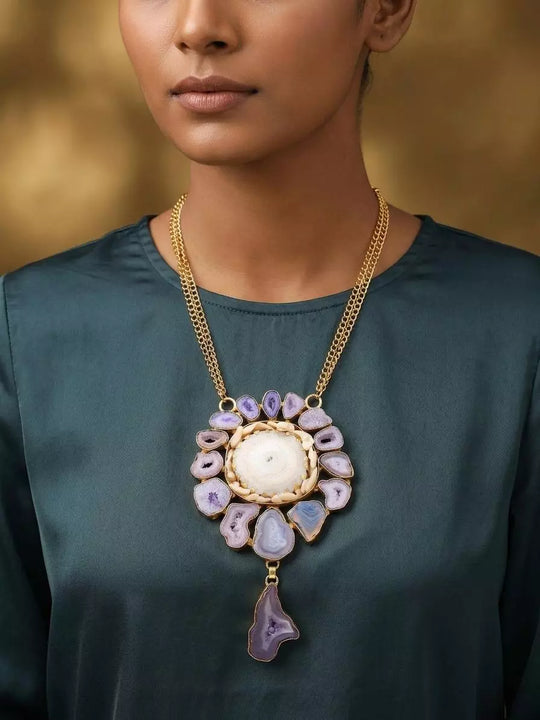 Rough-Cut Purple Stone Brass Circular Pendant Necklace