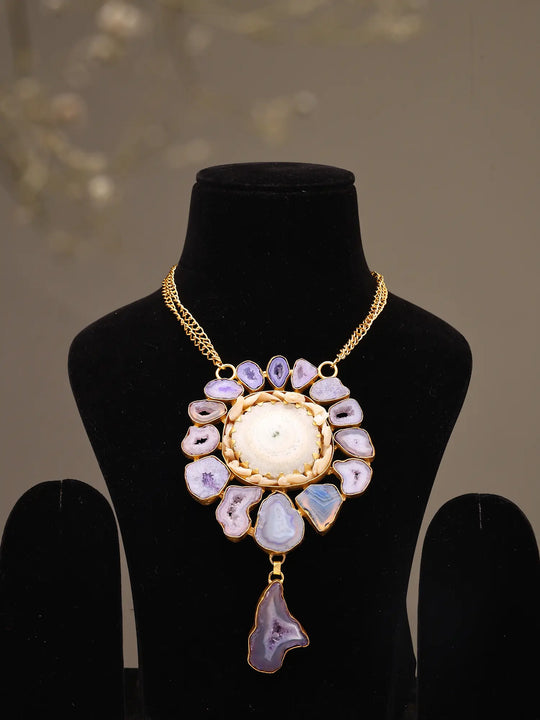 Rough-Cut Purple Stone Brass Circular Pendant Necklace