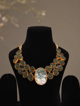Moss Green Stone Brass Bib Necklace