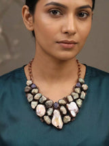 Raw Cut Stone and Baroque Pearl Drop Necklace