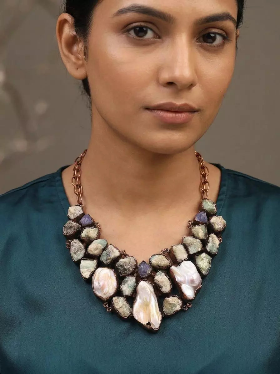 Raw Cut Stone and Baroque Pearl Drop Necklace