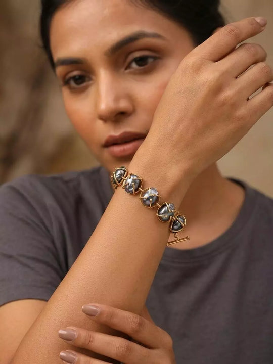 Iridescent Stone Studded Brass Link Toggle Bracelet