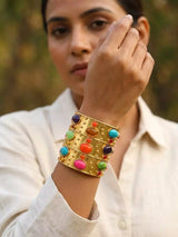 Multicolour Stone Studded Brass Statement Cuff Bracelet