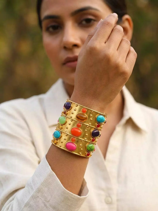 Multicolour Stone Studded Brass Statement Cuff Bracelet