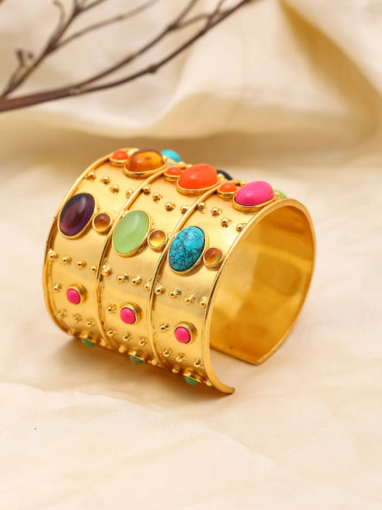 Multicolour Stone Studded Brass Statement Cuff Bracelet