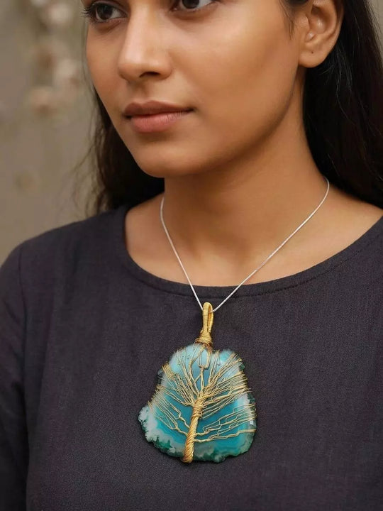 Tree of Life Teal Blue Stone Brass Wire Wrapped Pendant