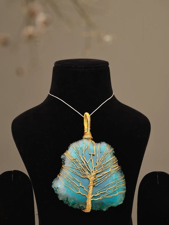 Tree of Life Teal Blue Stone Brass Wire Wrapped Pendant