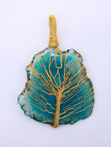 Tree of Life Teal Blue Stone Brass Wire Wrapped Pendant