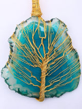 Tree of Life Teal Blue Stone Brass Wire Wrapped Pendant