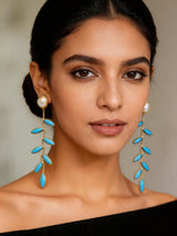 Leaf and Vine Marquise Stone Long Earrings in Brass