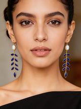 Leaf and Vine Marquise Stone Long Earrings in Brass