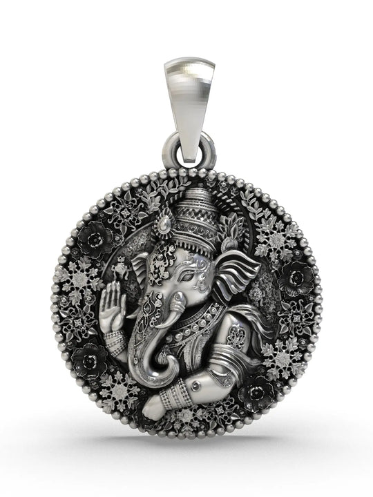 Floral Lord Ganesha Sterling Silver Pendant