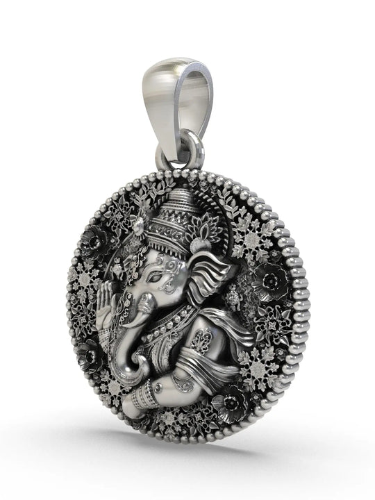 Floral Lord Ganesha Sterling Silver Pendant