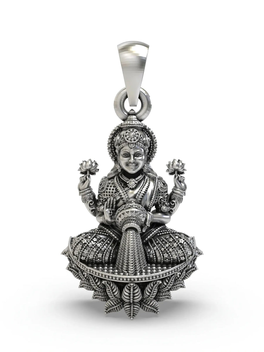 Goddess Lakshmi Temple Silver Pendant with Lotus Motif