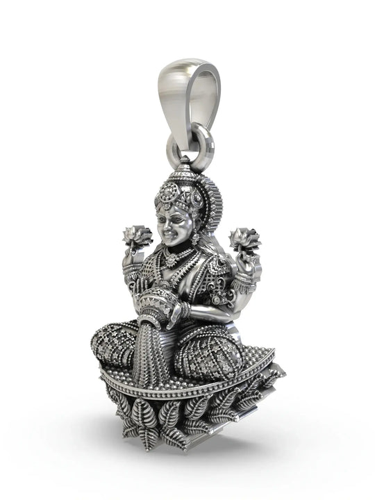 Goddess Lakshmi Temple Silver Pendant with Lotus Motif