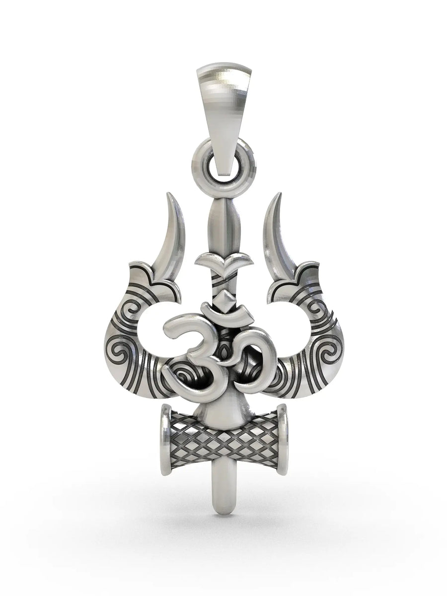 Trishul Om and Damru Sterling Silver Pendant
