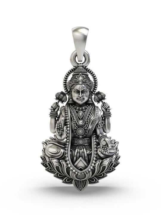Seated Goddess Lakshmi Temple Silver Pendant