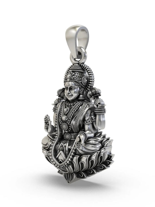 Seated Goddess Lakshmi Temple Silver Pendant