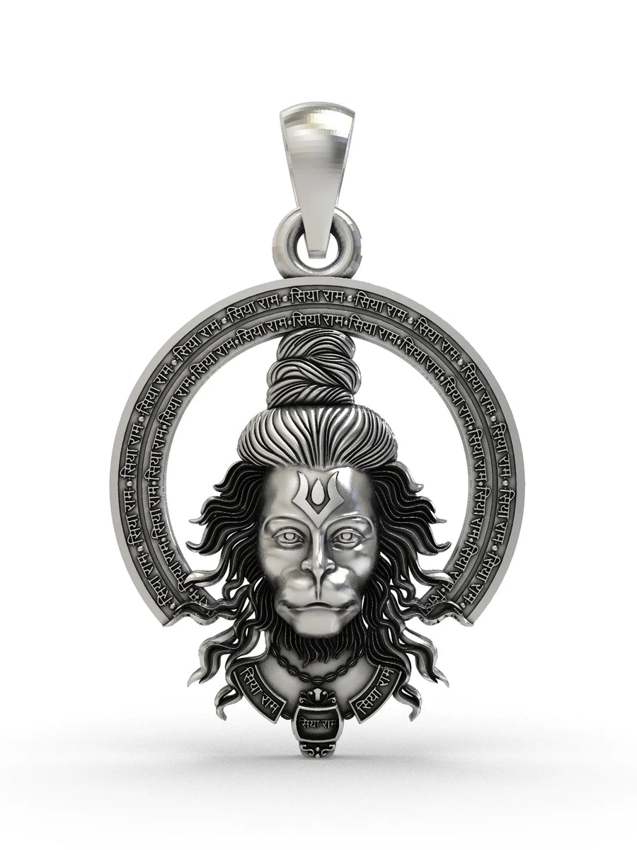 Lord Hanuman Sterling Silver Pendant with Siya Ram Mantra
