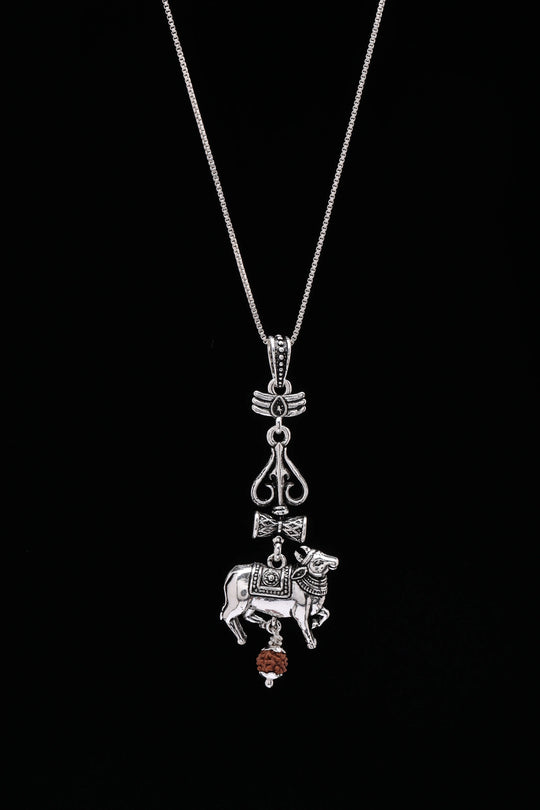 Nandi Trishul and Damru Sterling Silver Rudraksha Pendant