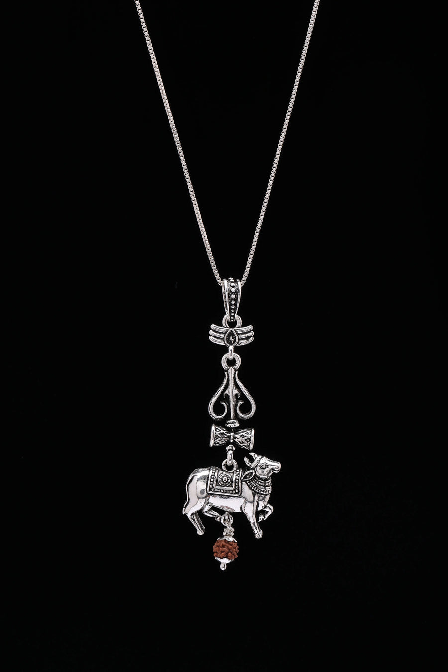 Nandi Trishul and Damru Sterling Silver Rudraksha Pendant