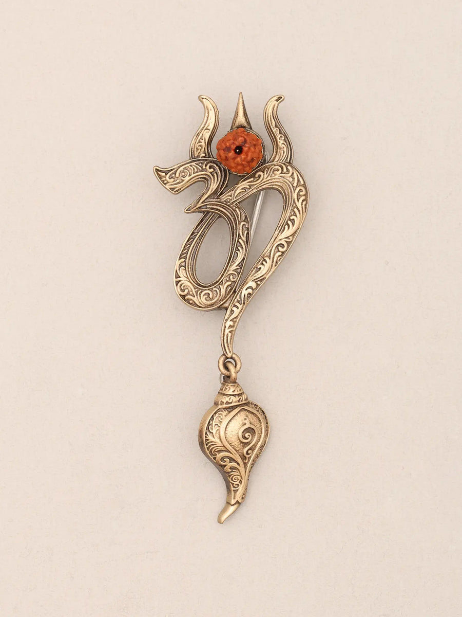 Brass Om Trishul Rudraksha Brooch with Shankh Dangle